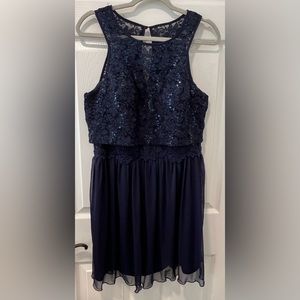 BCX Size 15 Juniors = Women 16 Fit & Flare Dress Navy Lace/Sequins Lined Stretch